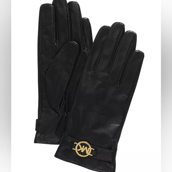 NWT Michael Kors Black Leather Gloves with Gold Accent sz XL - Picture 6 of 6